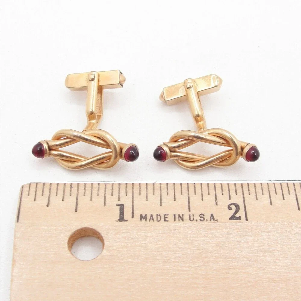 Vintage SWANK Infinity Eternity Love Knot Cufflinks Red Glass Cabochon Art Deco